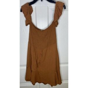 Hot Delicious Size M Brown Rust Off Shoulder Mini Ruffle Dress Beach Coverup